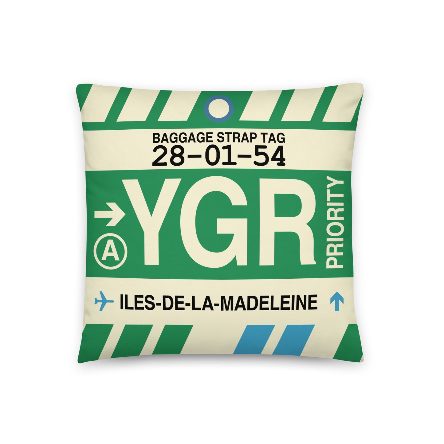 YGR Îles-de-la-Madeleine Throw Pillow • Jet Age Baggage Tag Design • YHM Designs - Image 01
