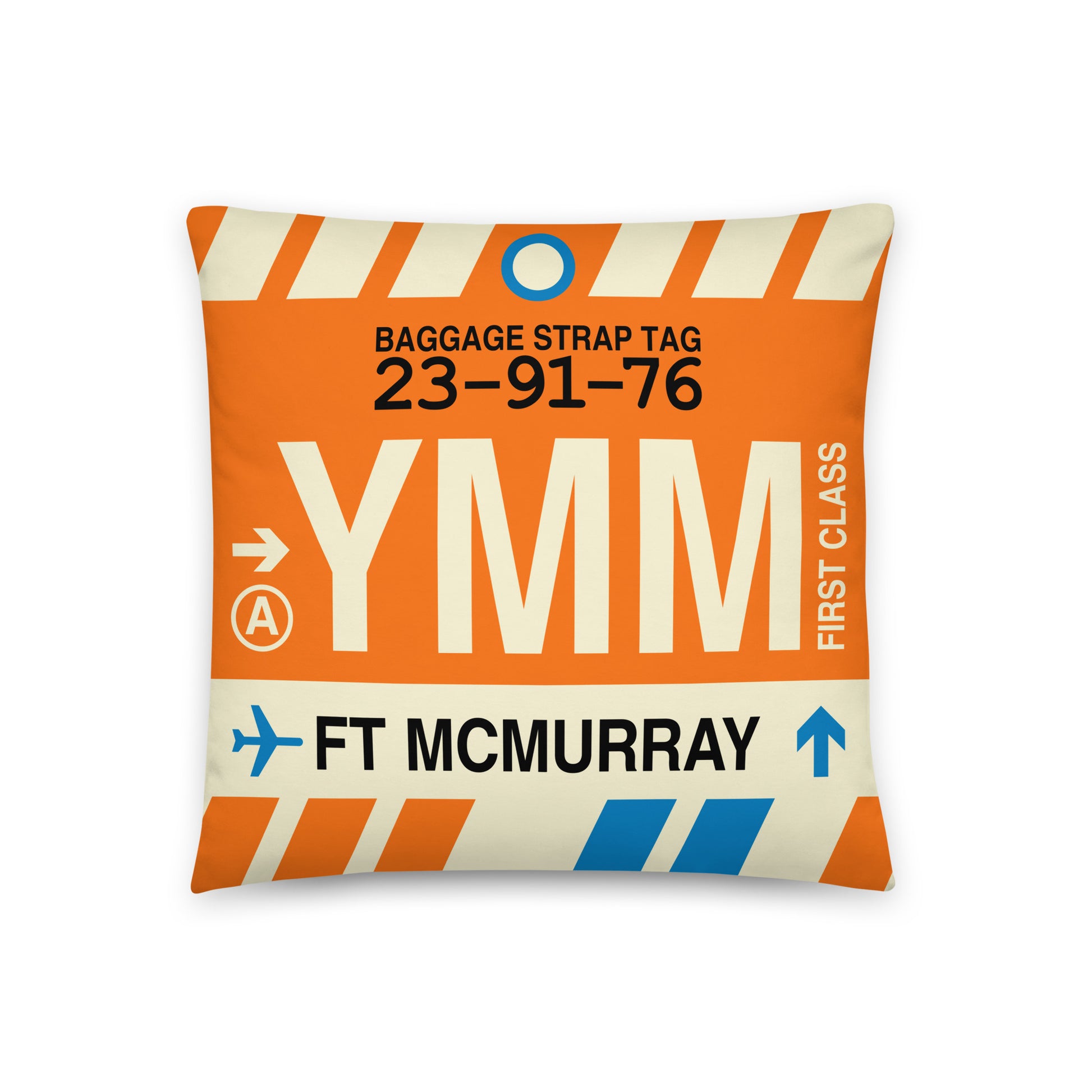 YMM Fort McMurray Throw Pillow • Jet Age Baggage Tag Design • YHM Designs - Image 01