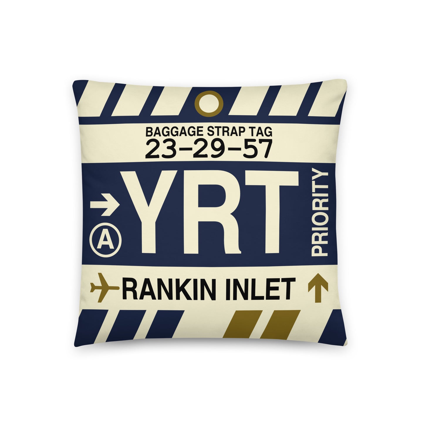 YRT Rankin Inlet Throw Pillow • Jet Age Baggage Tag Design • YHM Designs - Image 01