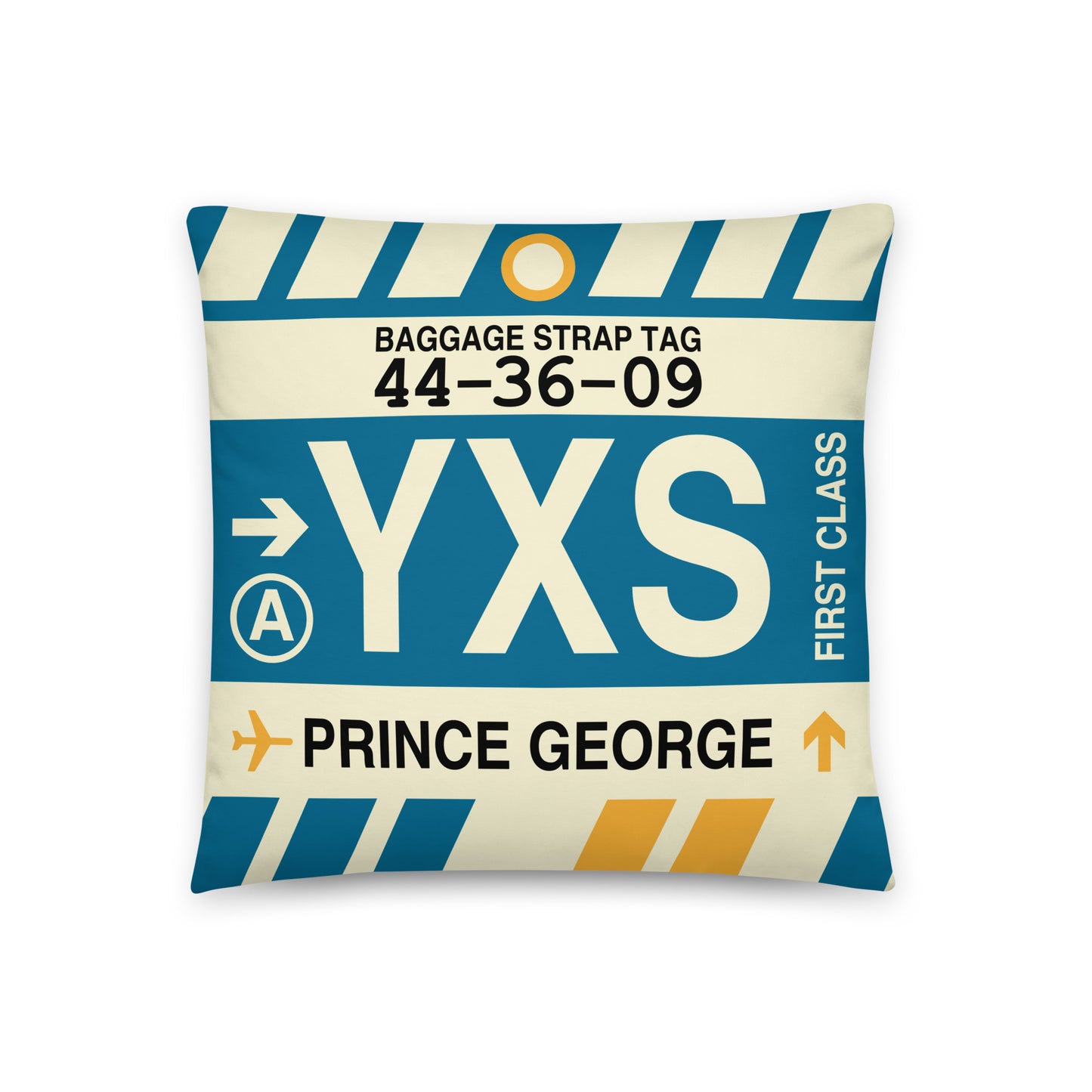 YXS Prince George Throw Pillow • Jet Age Baggage Tag Design • YHM Designs - Image 01
