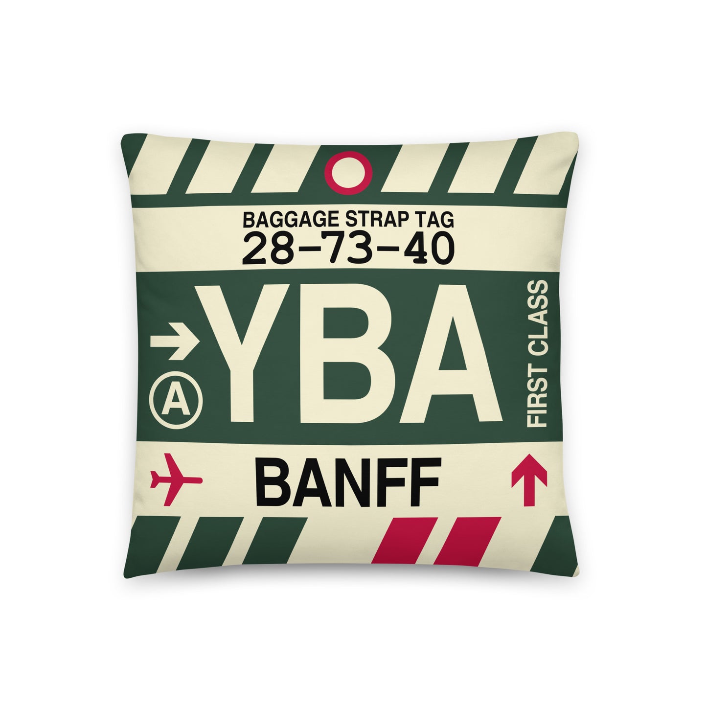 YBA Banff Throw Pillow • Jet Age Baggage Tag Design • YHM Designs - Image 01