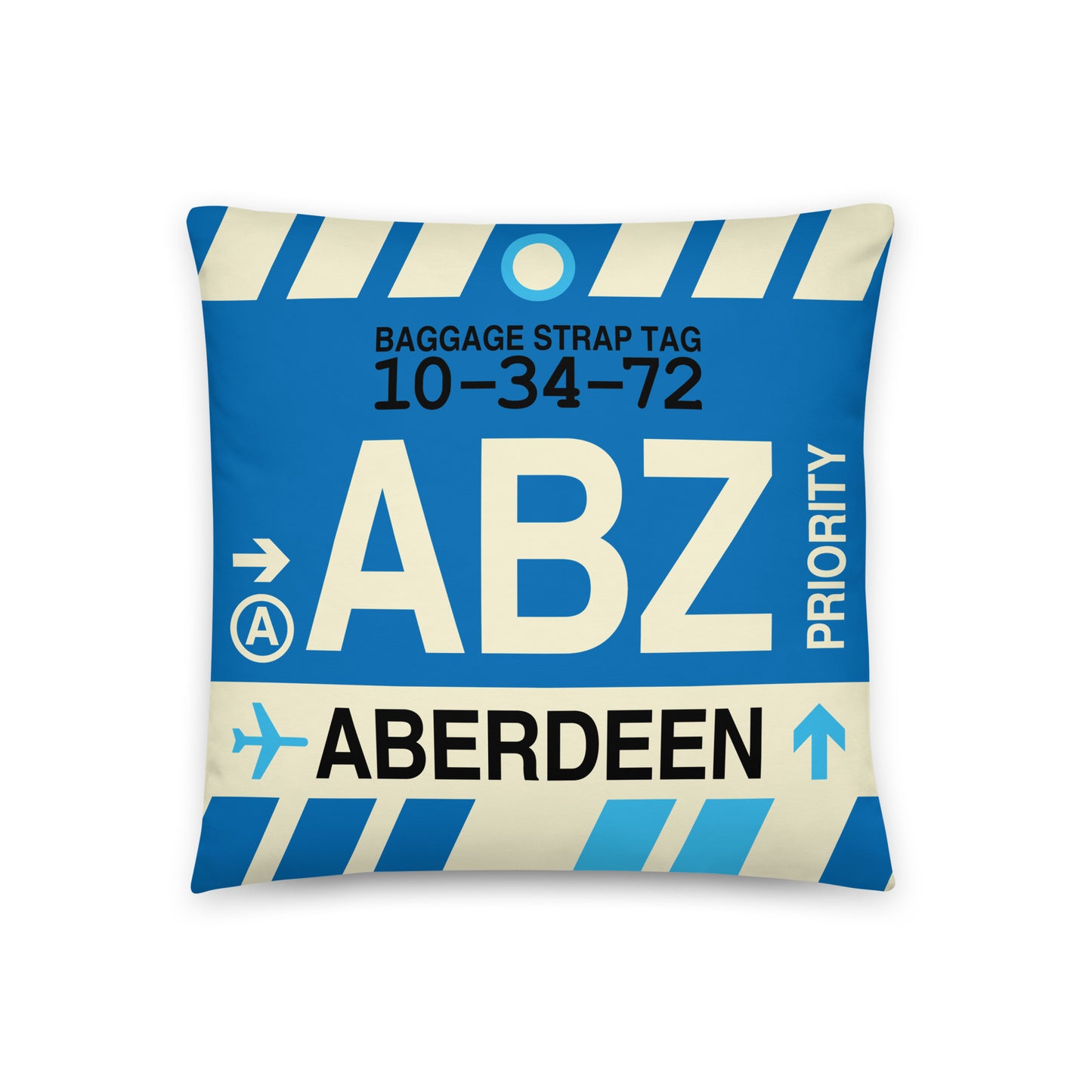 ABZ Aberdeen Throw Pillow • Jet Age Baggage Tag Design • YHM Designs - Image 01