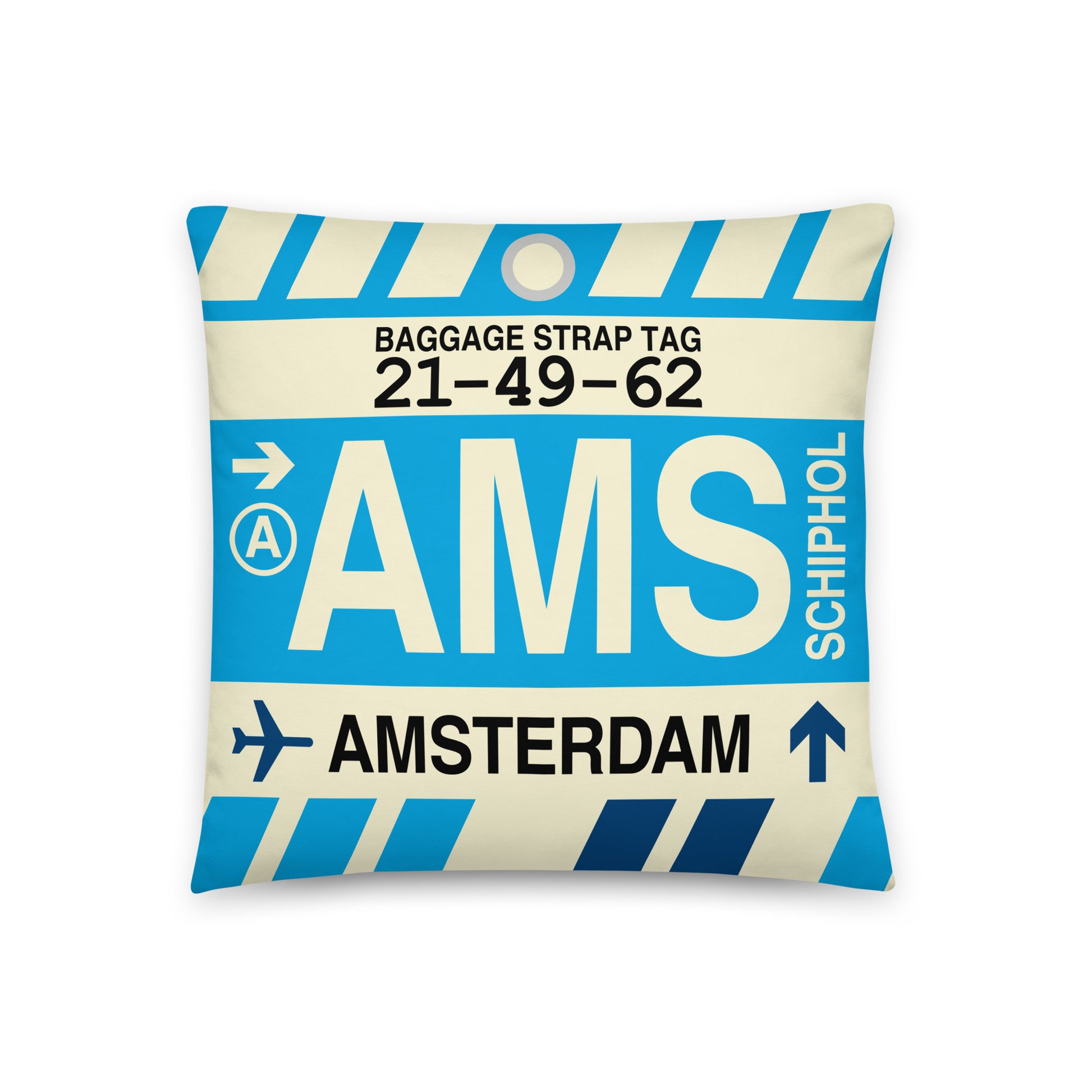 AMS Amsterdam Throw Pillow • Jet Age Baggage Tag Design • YHM Designs - Image 01