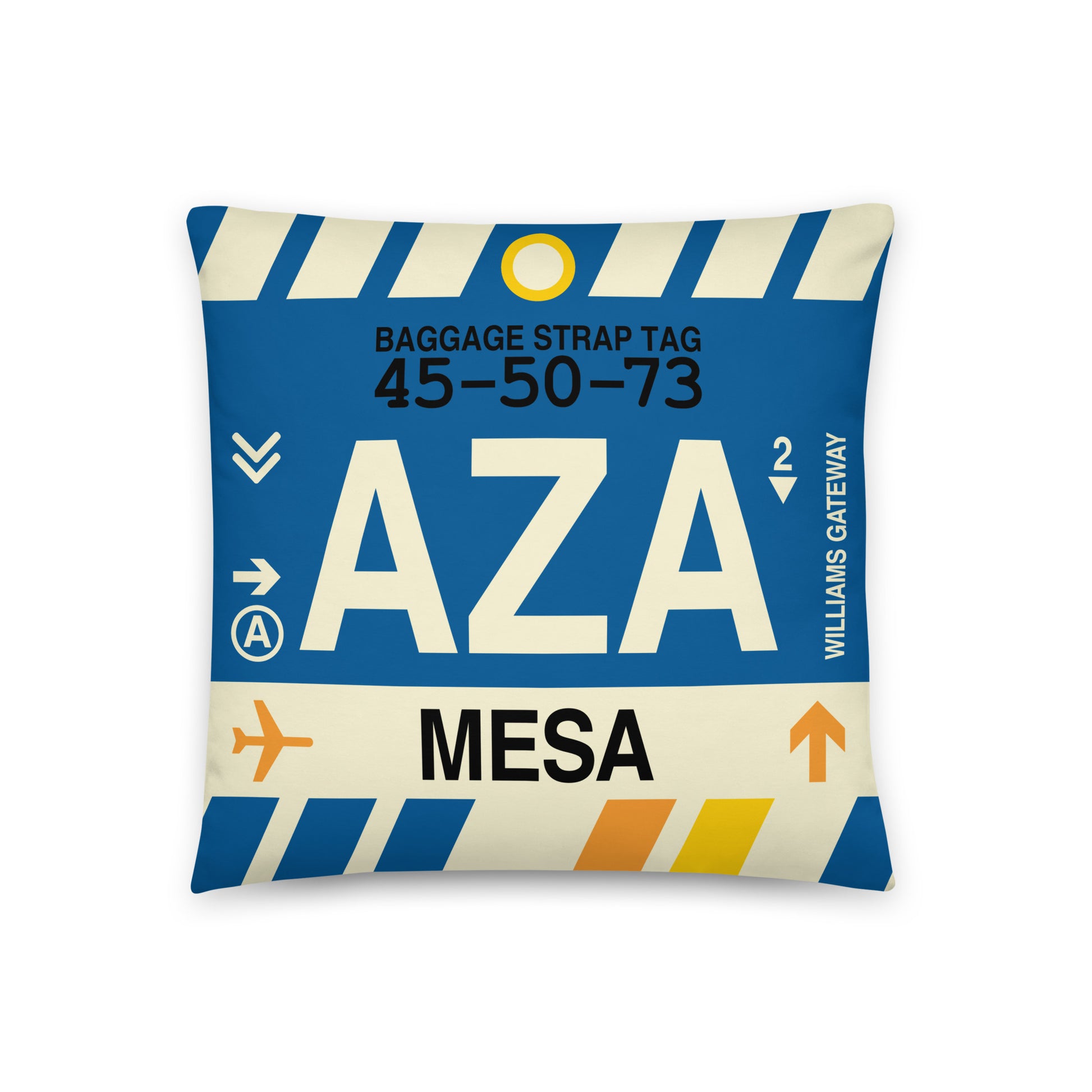 AZA Mesa Throw Pillow • Jet Age Baggage Tag Design • YHM Designs - Image 01
