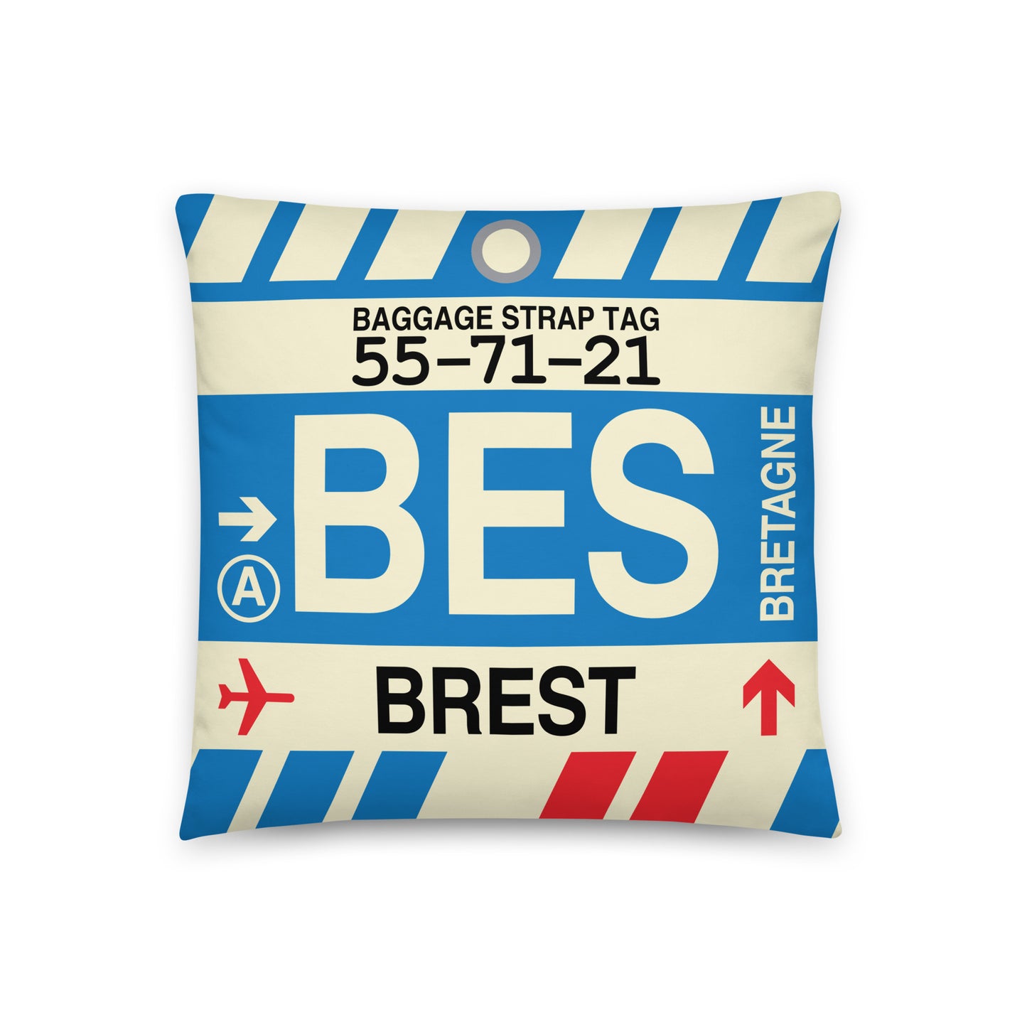 BES Brest Throw Pillow • Jet Age Baggage Tag Design • YHM Designs - Image 01