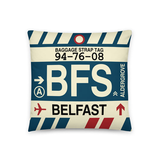 BFS Belfast Throw Pillow • Jet Age Baggage Tag Design • YHM Designs - Image 01