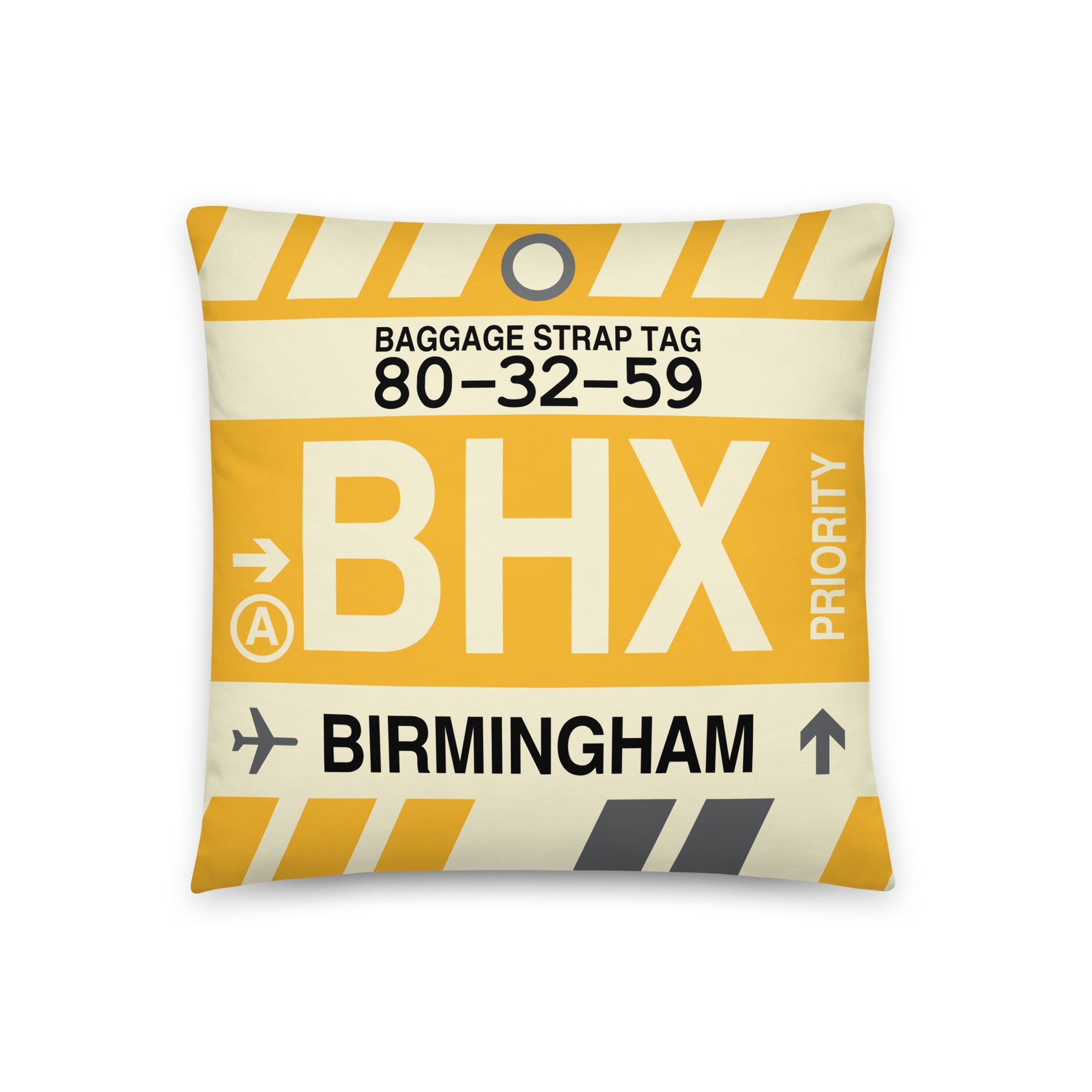 BHX Birmingham Throw Pillow • Jet Age Baggage Tag Design • YHM Designs - Image 01