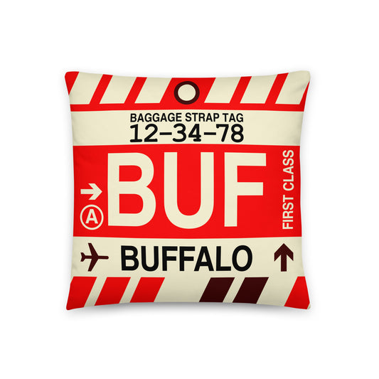 BUF Buffalo Throw Pillow • Jet Age Baggage Tag Design • YHM Designs - Image 01