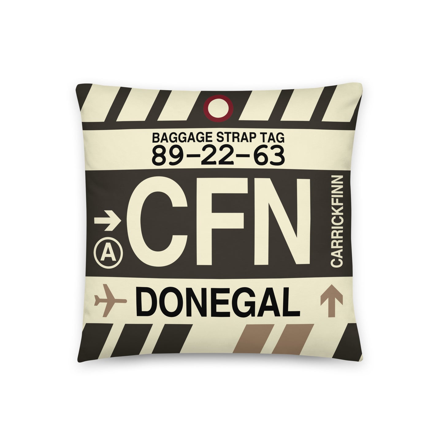 CFN Donegal Throw Pillow • Jet Age Baggage Tag Design • YHM Designs - Image 01