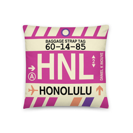 HNL Honolulu Throw Pillow • Jet Age Baggage Tag Design • YHM Designs - Image 01