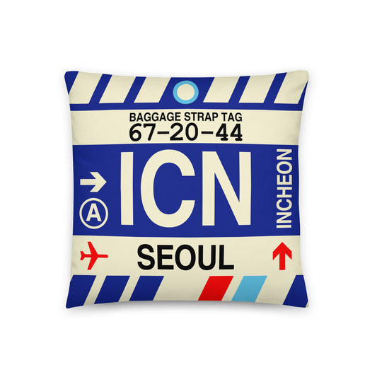 ICN Seoul Throw Pillow • Jet Age Baggage Tag Design • YHM Designs - Image 01