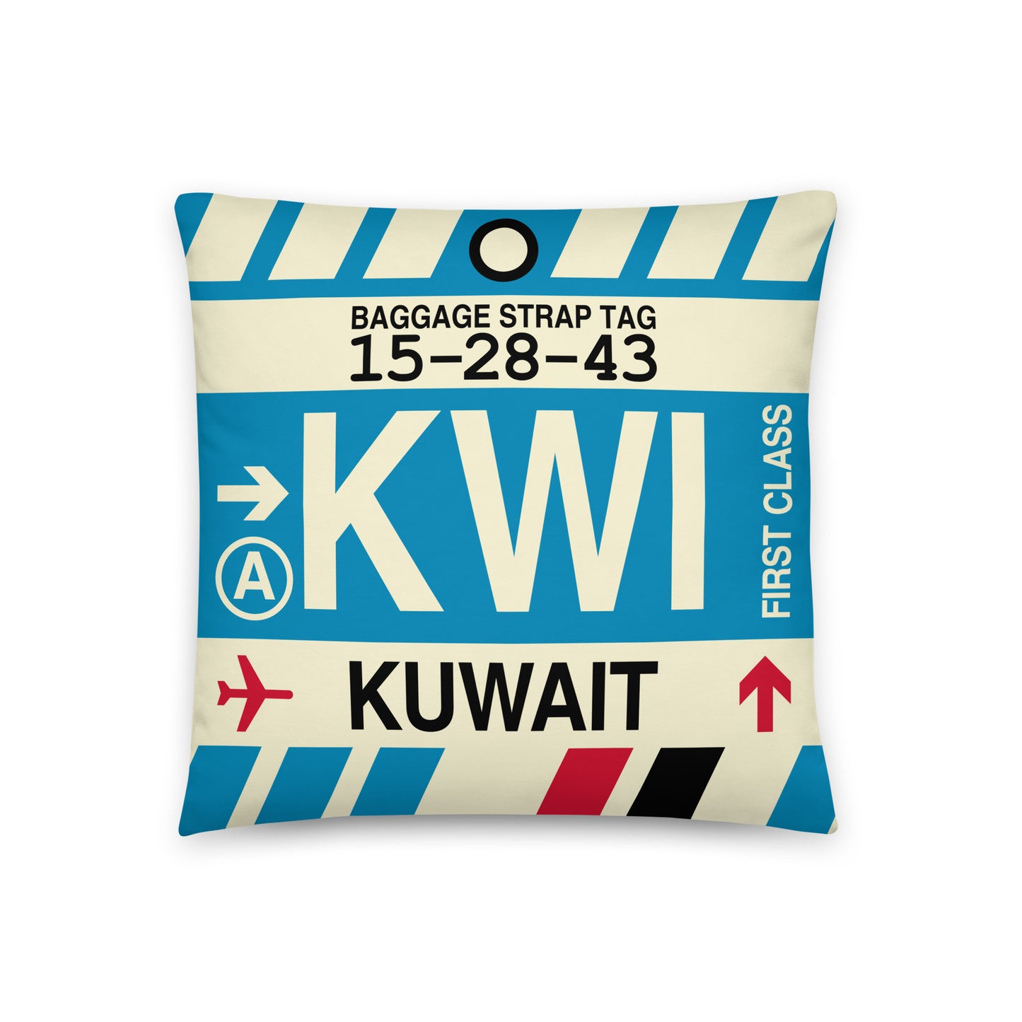 KWI Kuwait City Throw Pillow • Jet Age Baggage Tag Design • YHM Designs - Image 01