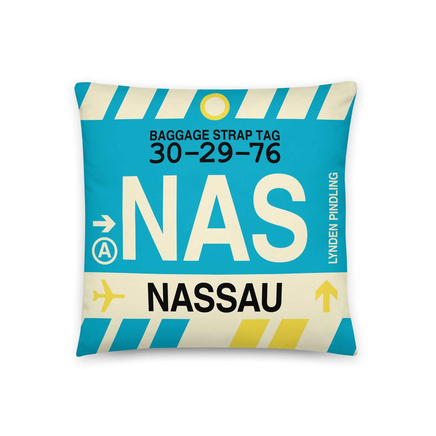 NAS Nassau Throw Pillow • Jet Age Baggage Tag Design • YHM Designs - Image 01