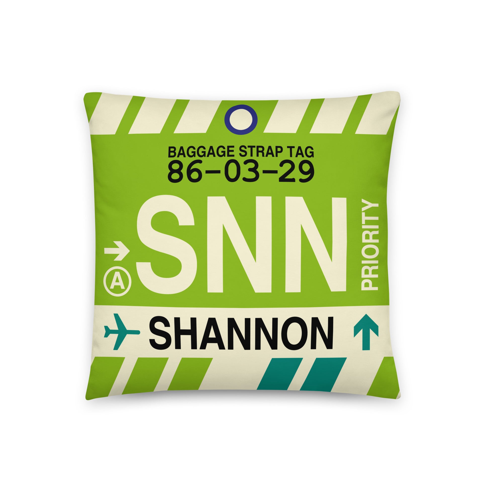 SNN Shannon Throw Pillow • Jet Age Baggage Tag Design • YHM Designs - Image 01