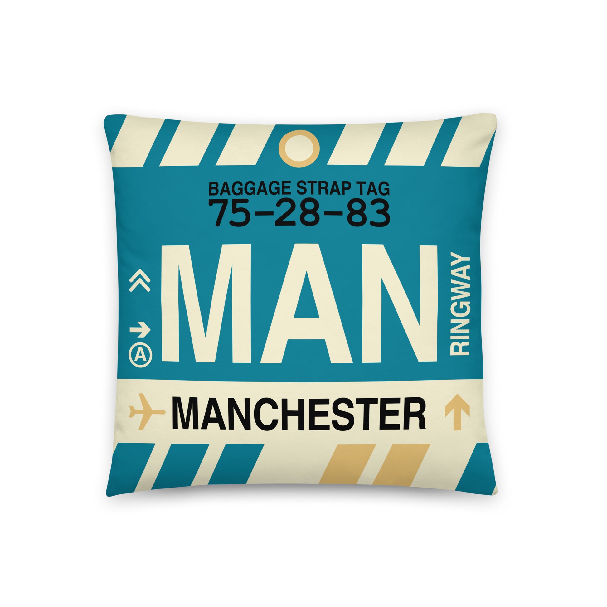 MAN Manchester Throw Pillow • Jet Age Baggage Tag Design • YHM Designs - Image 01