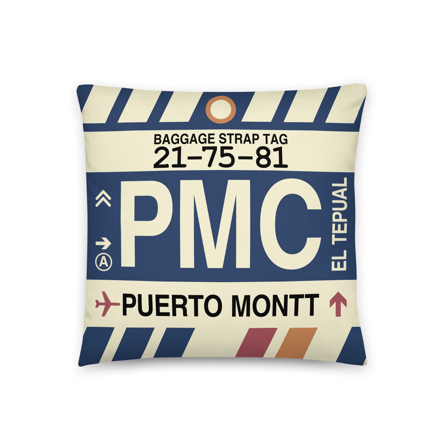 PMC Puerto Montt Throw Pillow • Jet Age Baggage Tag Design • YHM Designs - Image 01