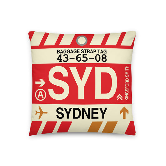 SYD Sydney Throw Pillow • Jet Age Baggage Tag Design • YHM Designs - Image 01
