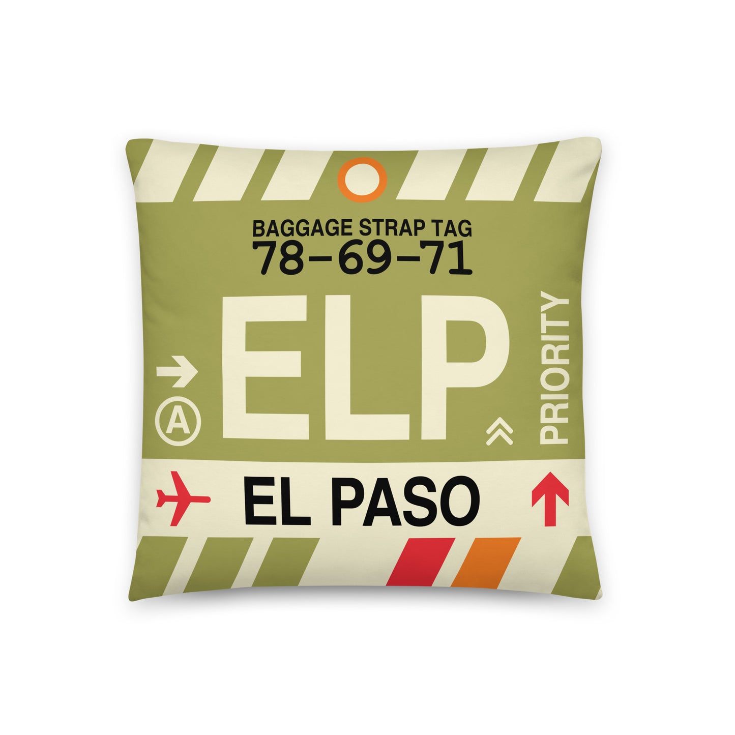 ELP El Paso Throw Pillow • Jet Age Baggage Tag Design • YHM Designs - Image 01