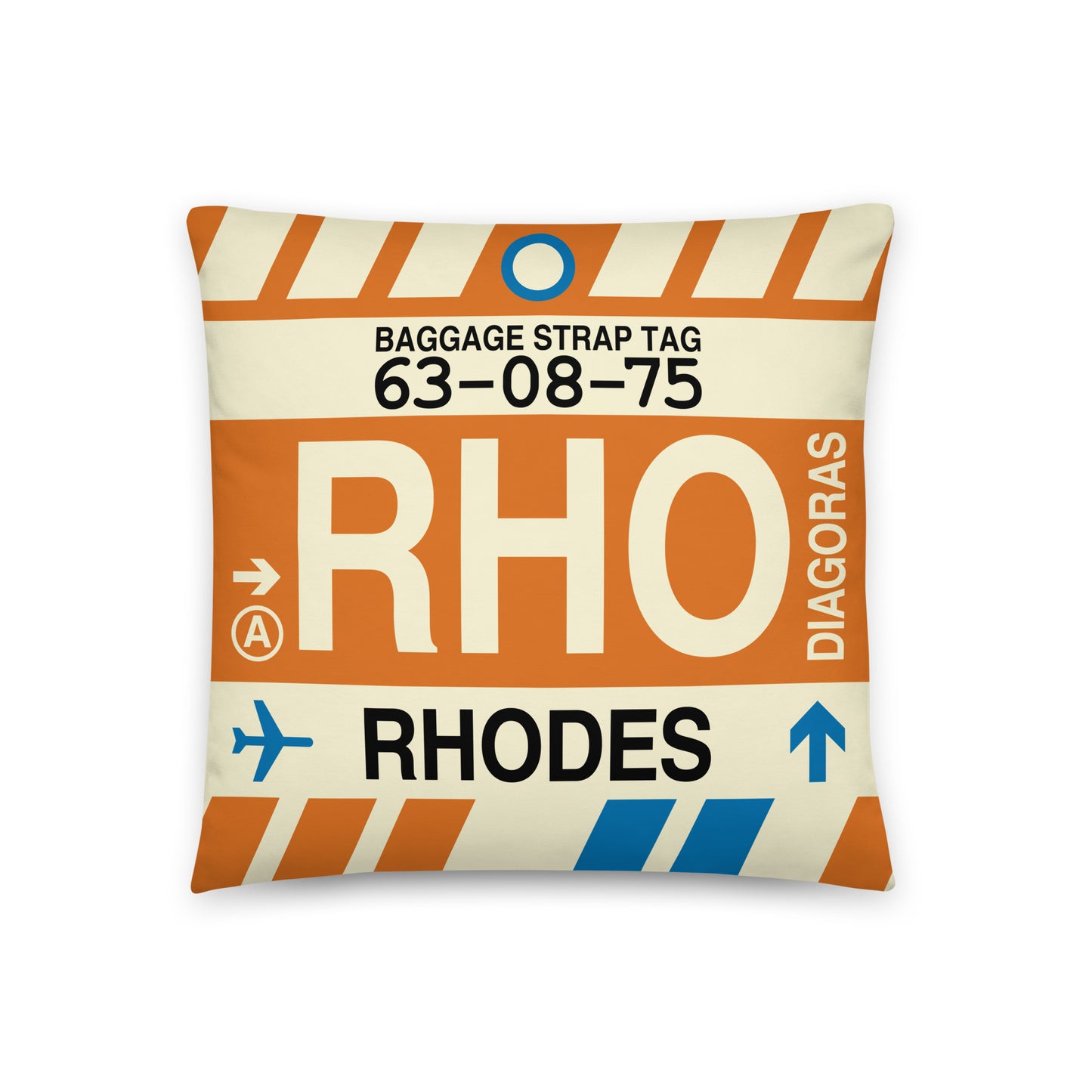 RHO Rhodes Throw Pillow • Jet Age Baggage Tag Design • YHM Designs - Image 01