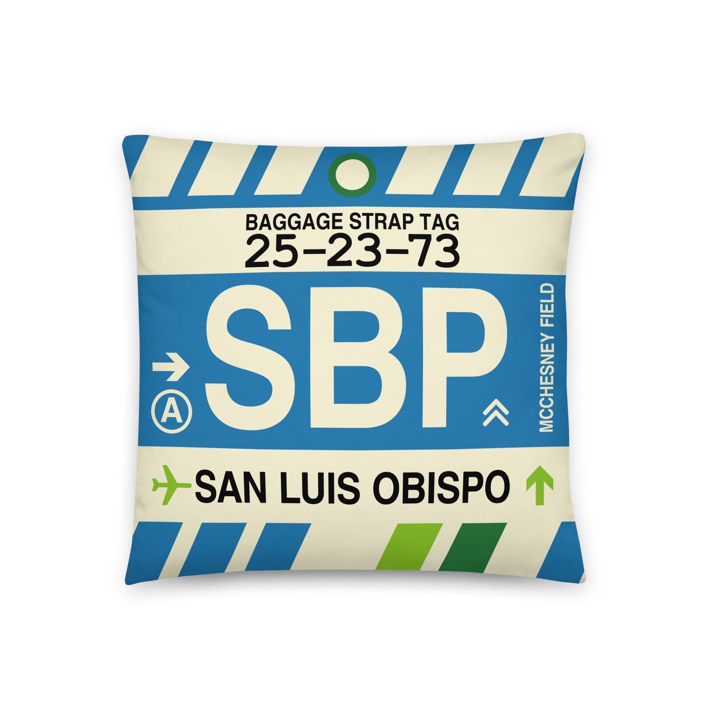 SBP San Luis Obispo Throw Pillow • Jet Age Baggage Tag Design • YHM Designs - Image 01