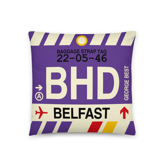 BHD Belfast Throw Pillow • Jet Age Baggage Tag Design • YHM Designs - Image 01