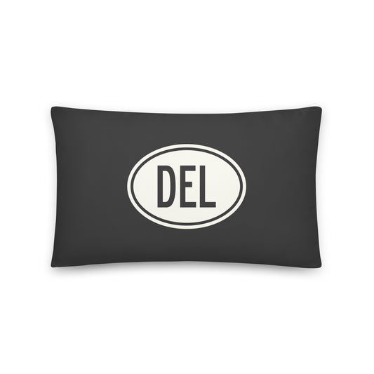 DEL Delhi Throw Pillow • Eclipse Grey with Oval Car Sticker Design • YHM Designs - Image 01