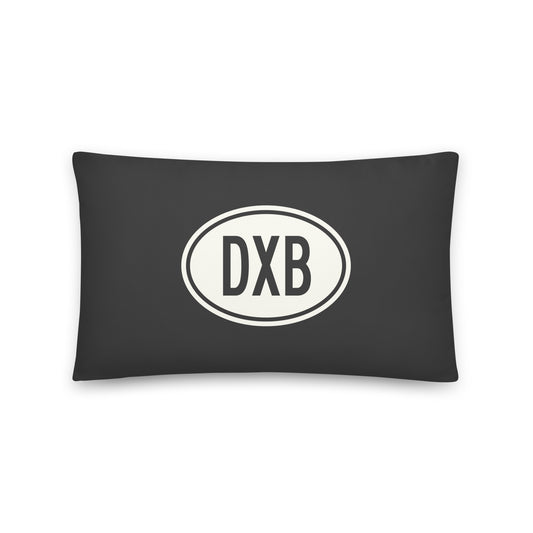 DXB Dubai Throw Pillow • Eclipse Grey with Oval Car Sticker Design • YHM Designs - Image 01