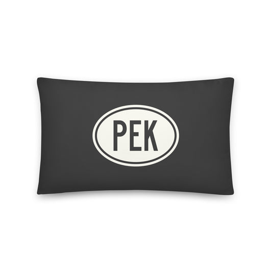 PEK Beijing Throw Pillow • Eclipse Grey with Oval Car Sticker Design • YHM Designs - Image 01