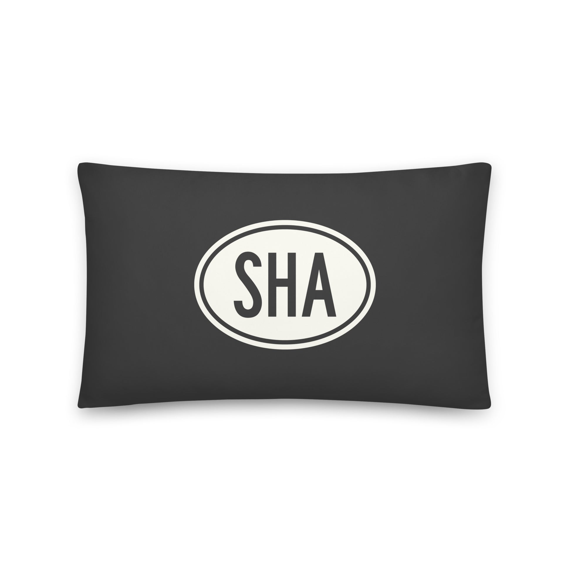 SHA Shanghai Throw Pillow • Eclipse Grey with Oval Car Sticker Design • YHM Designs - Image 01