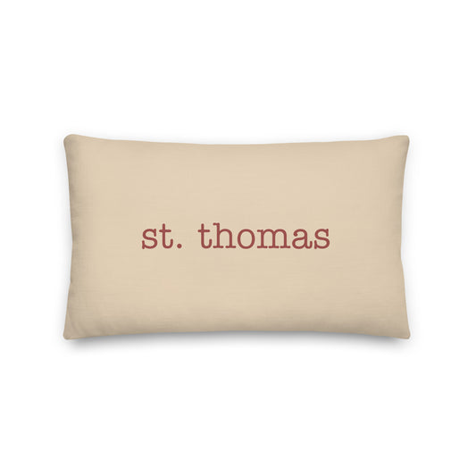 STT St. Thomas Throw Pillow • Typewriter Lettering in Terracotta Red • YHM Designs - Image 01