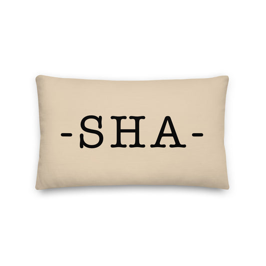 SHA Shanghai Throw Pillow • Typewriter Lettering & Green Buffalo Plaid • YHM Designs - Image 01