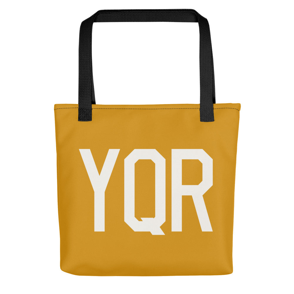 YQR Regina Tote Bag • Buttercup Yellow with Air Force Lettering in White • YHM Designs - Image 01