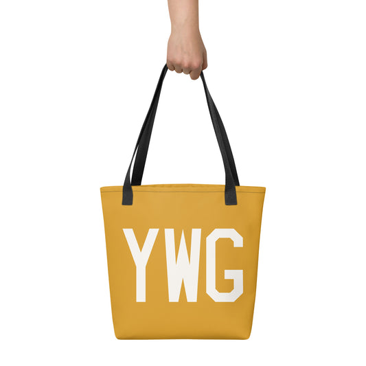 YWG Winnipeg Tote Bag • Buttercup Yellow with Air Force Lettering in White • YHM Designs - Image 02