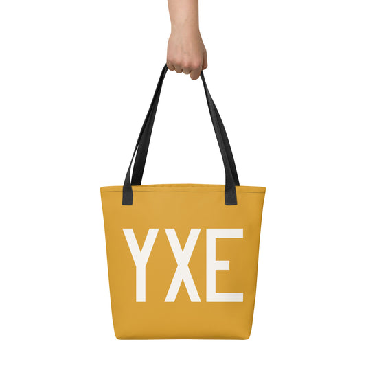 YXE Saskatoon Tote Bag • Buttercup Yellow with Air Force Lettering in White • YHM Designs - Image 02