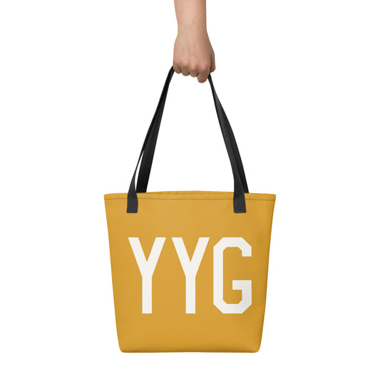 YYG Charlottetown Tote Bag • Buttercup Yellow with Air Force Lettering in White • YHM Designs - Image 02