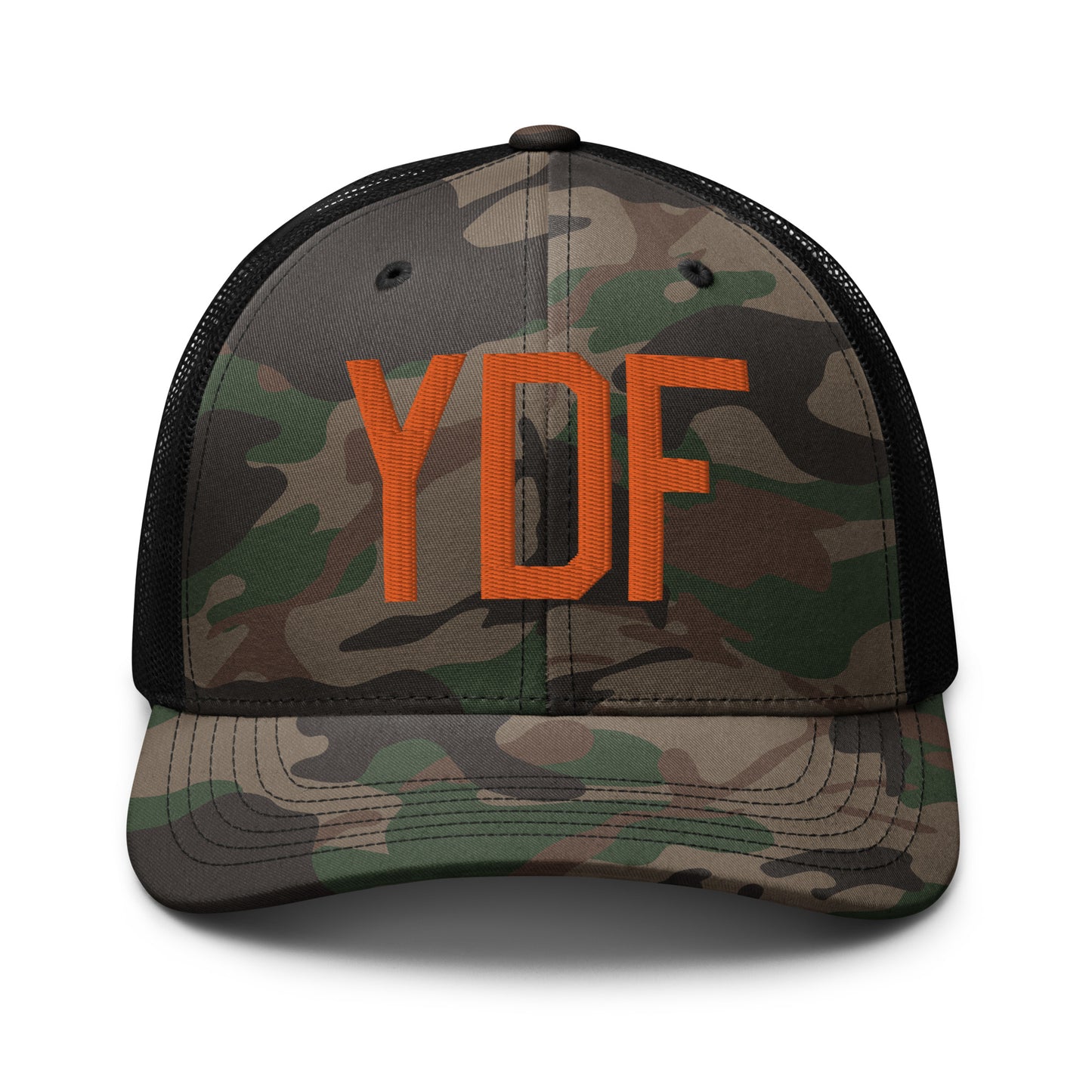 Airport Code Camouflage Trucker Hat - Orange • YDF Deer Lake • YHM Designs - Image 10