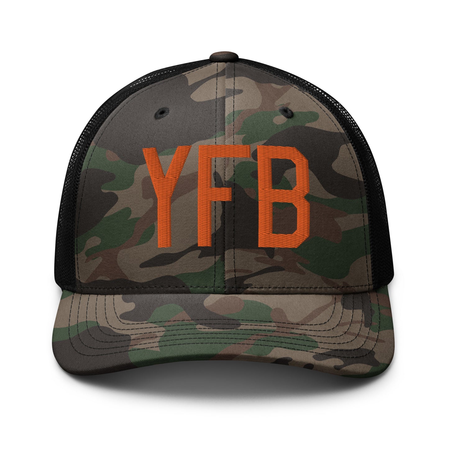 Airport Code Camouflage Trucker Hat - Orange • YFB Iqaluit • YHM Designs - Image 10