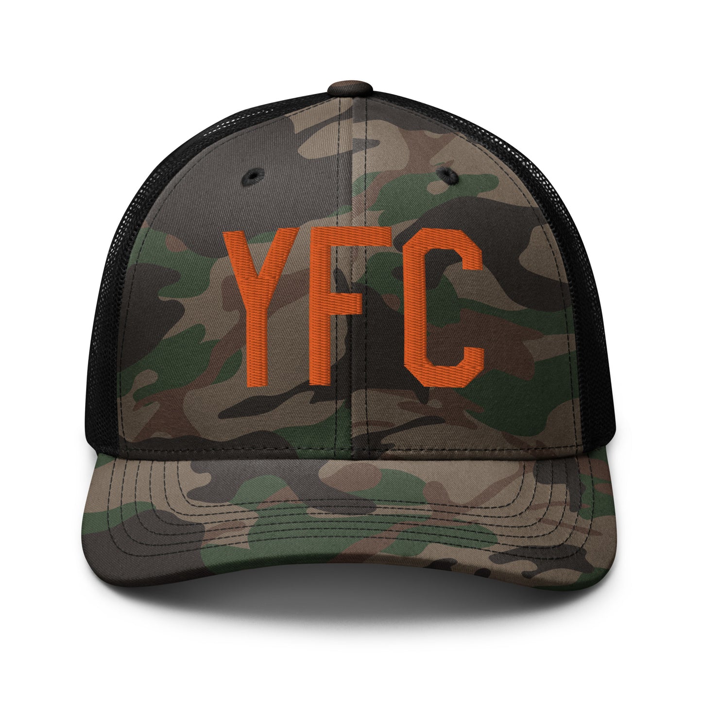 Airport Code Camouflage Trucker Hat - Orange • YFC Fredericton • YHM Designs - Image 10