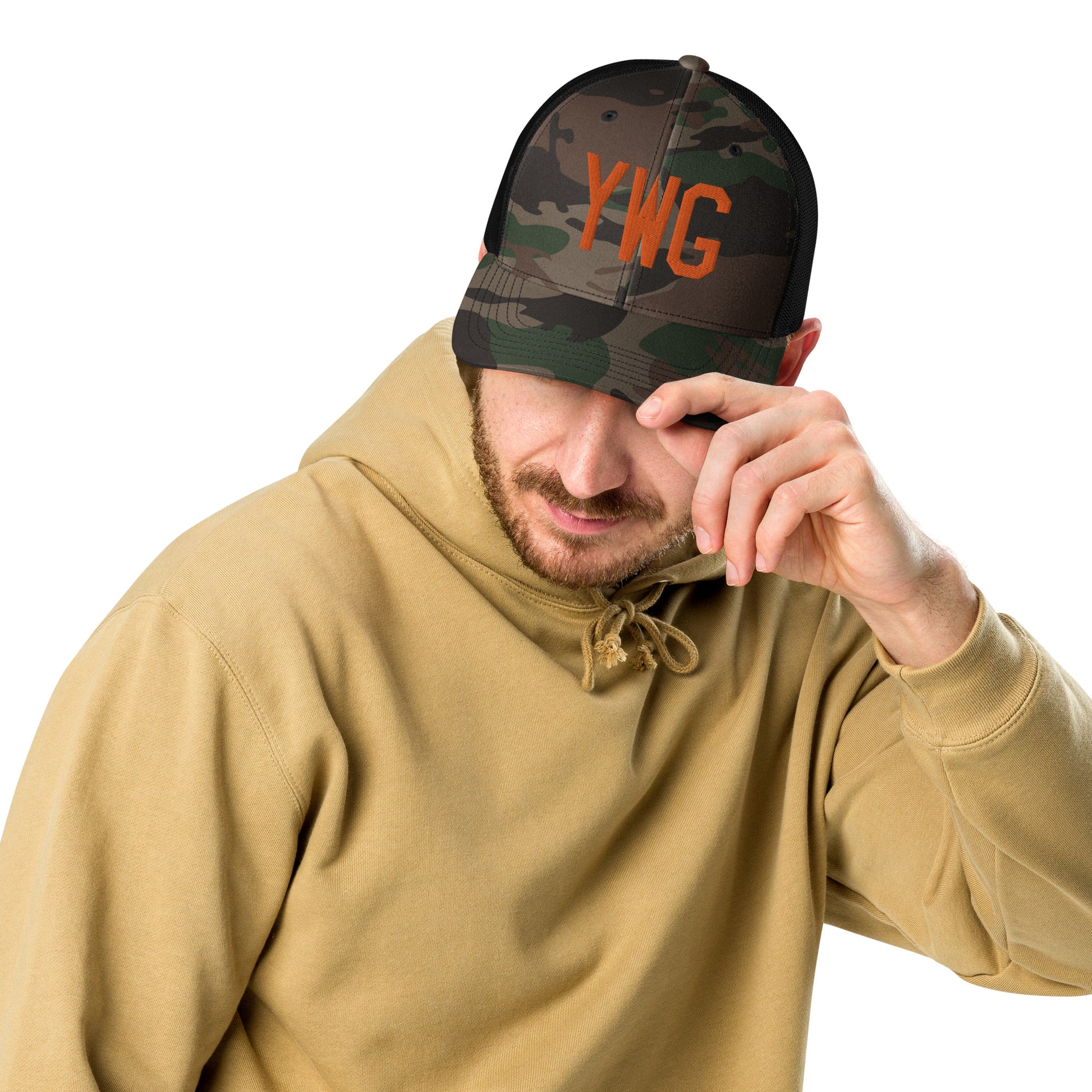 Airport Code Camouflage Trucker Hat - Orange • YWG Winnipeg • YHM Designs - Image 05