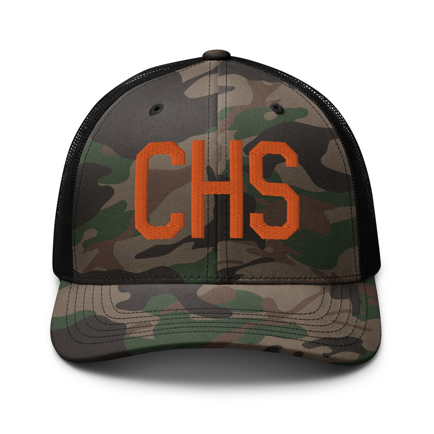 Airport Code Camouflage Trucker Hat - Orange • CHS Charleston • YHM Designs - Image 10