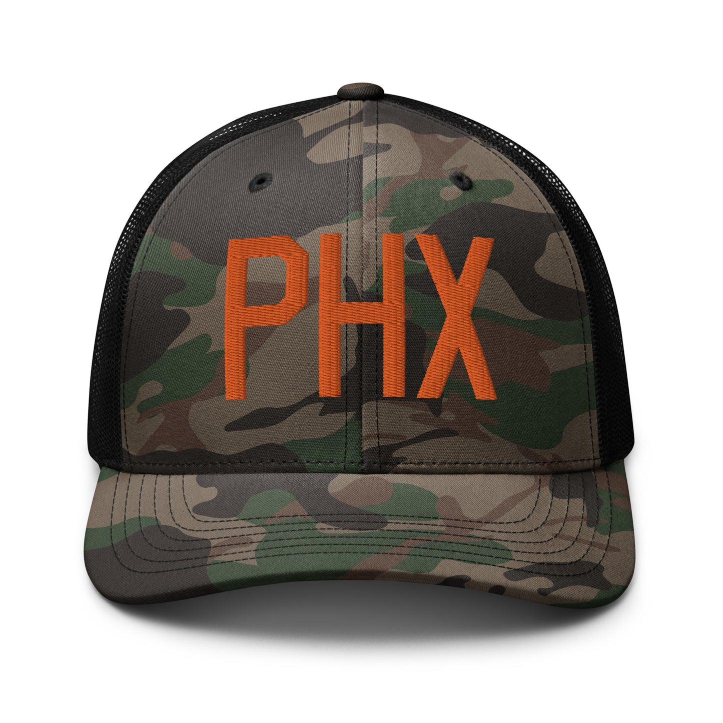 Airport Code Camouflage Trucker Hat - Orange • PHX Phoenix • YHM Designs - Image 10