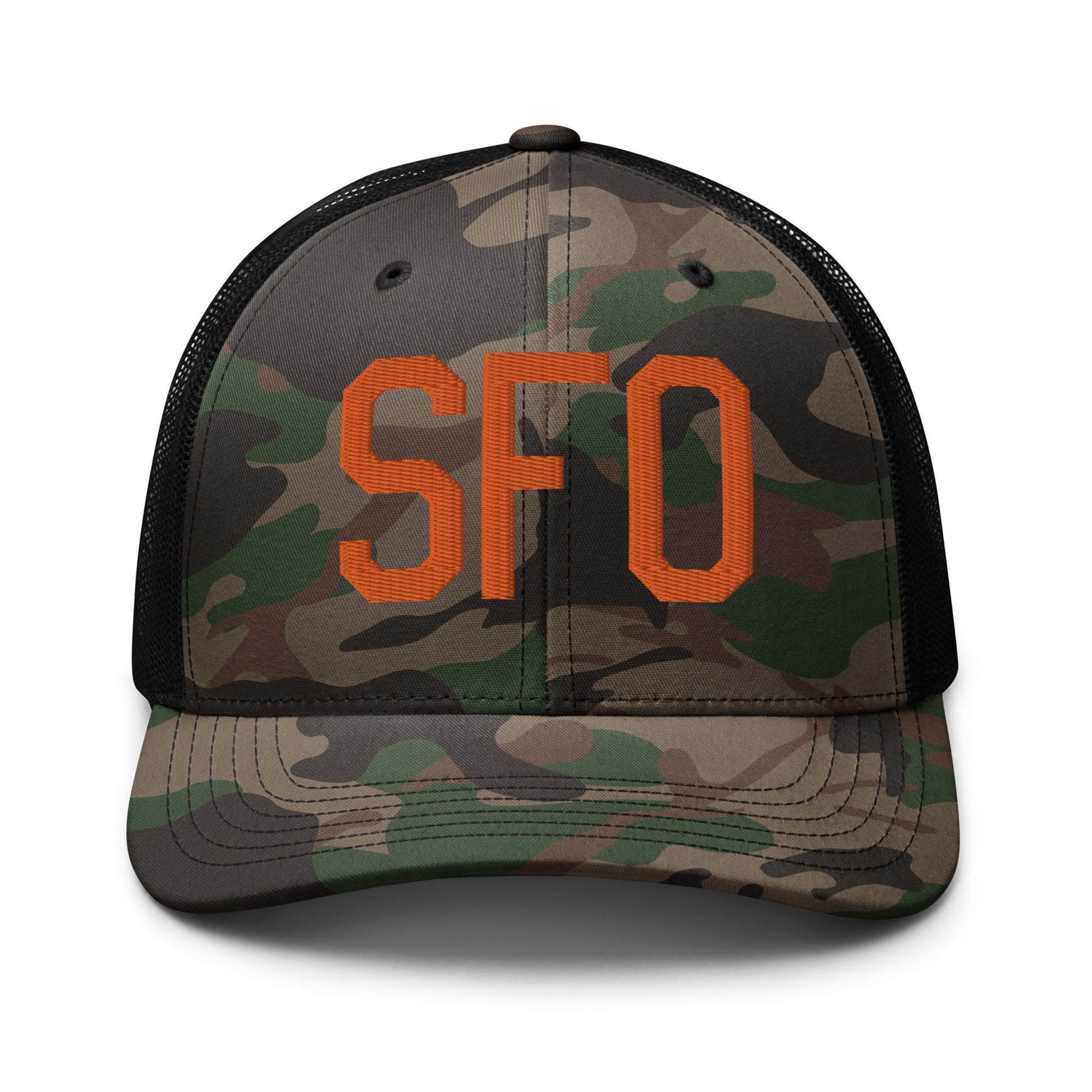 Airport Code Camouflage Trucker Hat - Orange • SFO San Francisco • YHM Designs - Image 10
