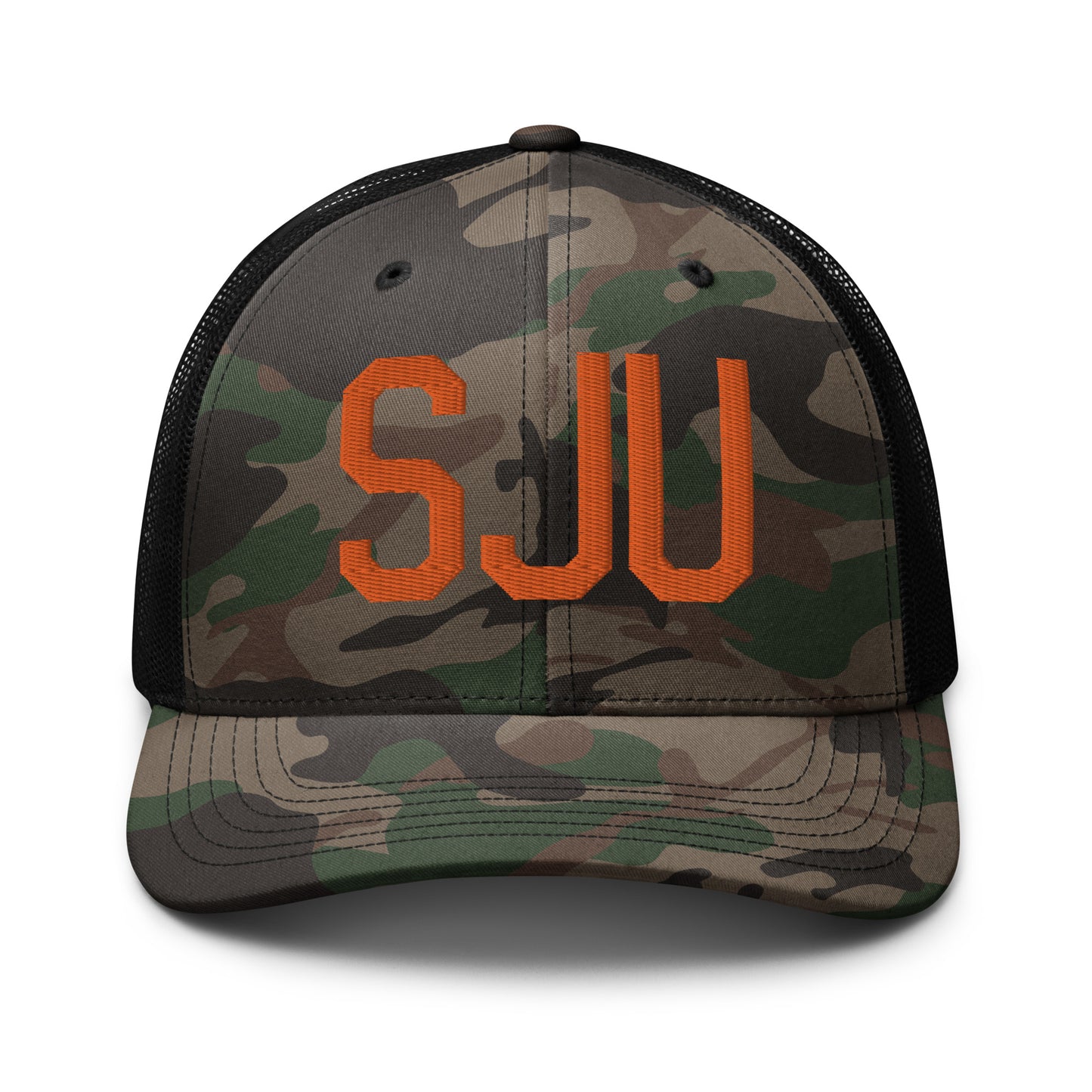 Airport Code Camouflage Trucker Hat - Orange • SJU San Juan • YHM Designs - Image 10