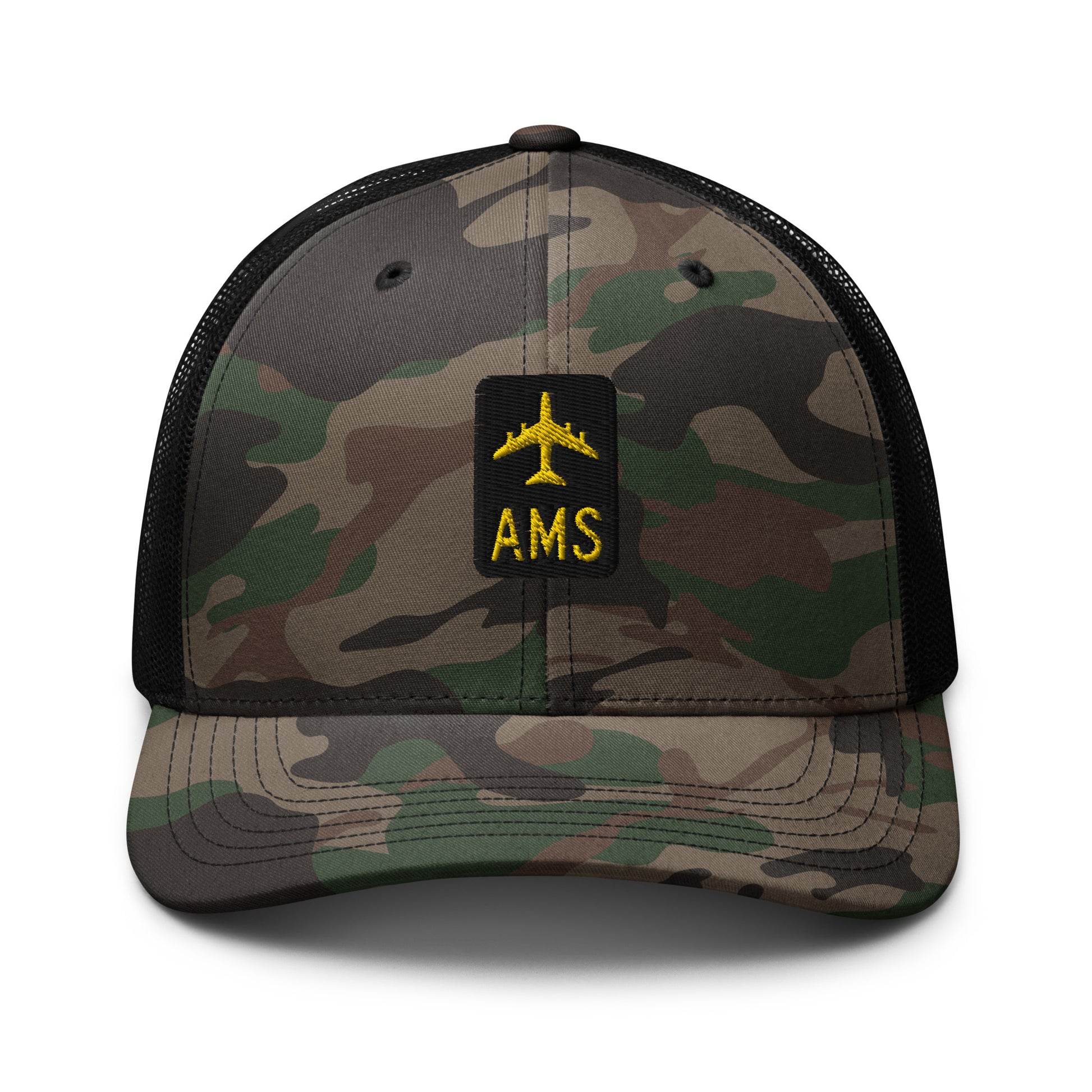 Camouflage Jetliner Trucker Hat • Black and Gold • AMS Amsterdam Souvenir • YHM Designs - Image 07