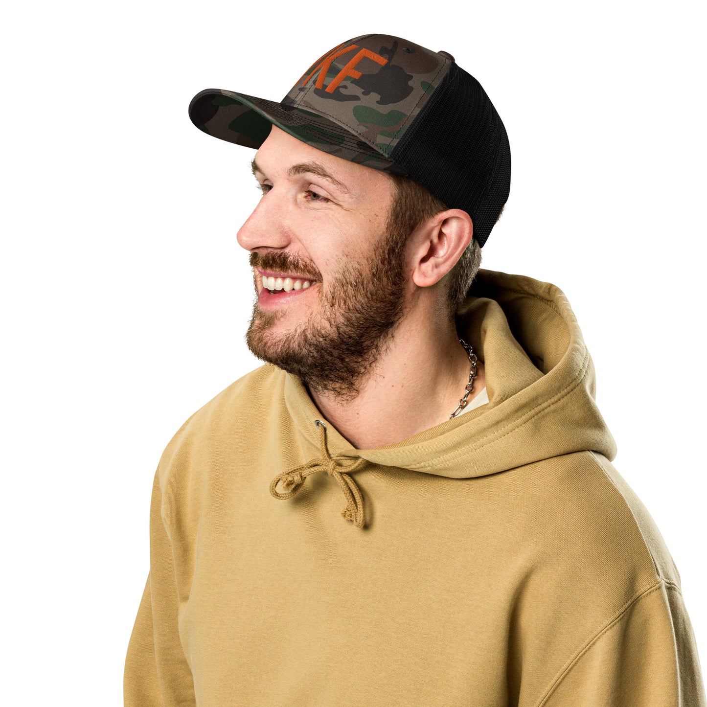 Airport Code Camouflage Trucker Hat - Orange • YKF Waterloo • YHM Designs - Image 03