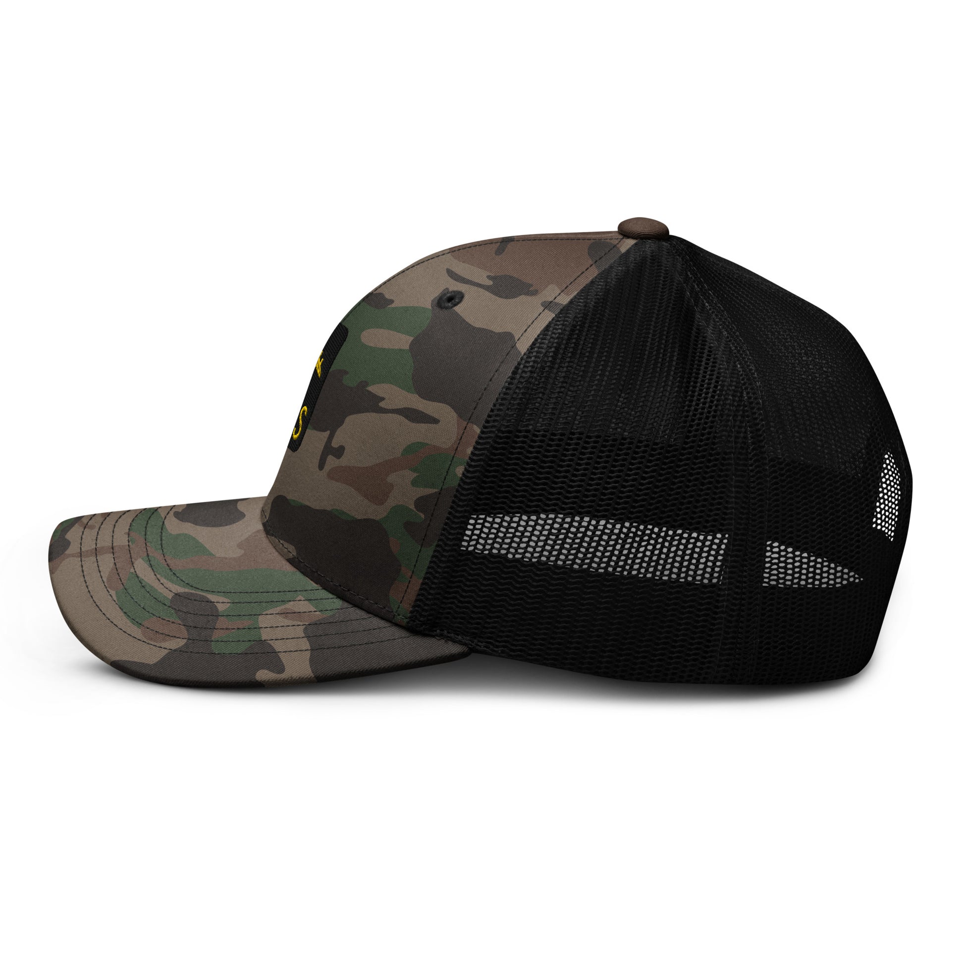 Camouflage Jetliner Trucker Hat • Black and Gold • AMS Amsterdam Souvenir • YHM Designs - Image 09