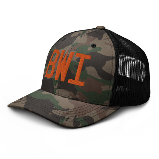 Airport Code Camouflage Trucker Hat - Orange • BWI Baltimore • YHM Designs - Image 01