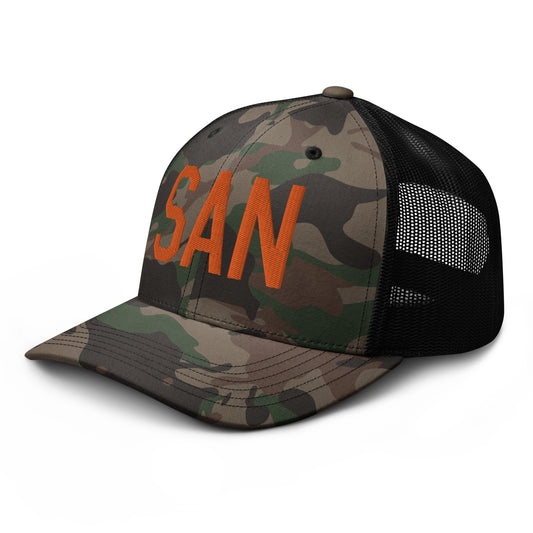 Airport Code Camouflage Trucker Hat - Orange • SAN San Diego • YHM Designs - Image 01