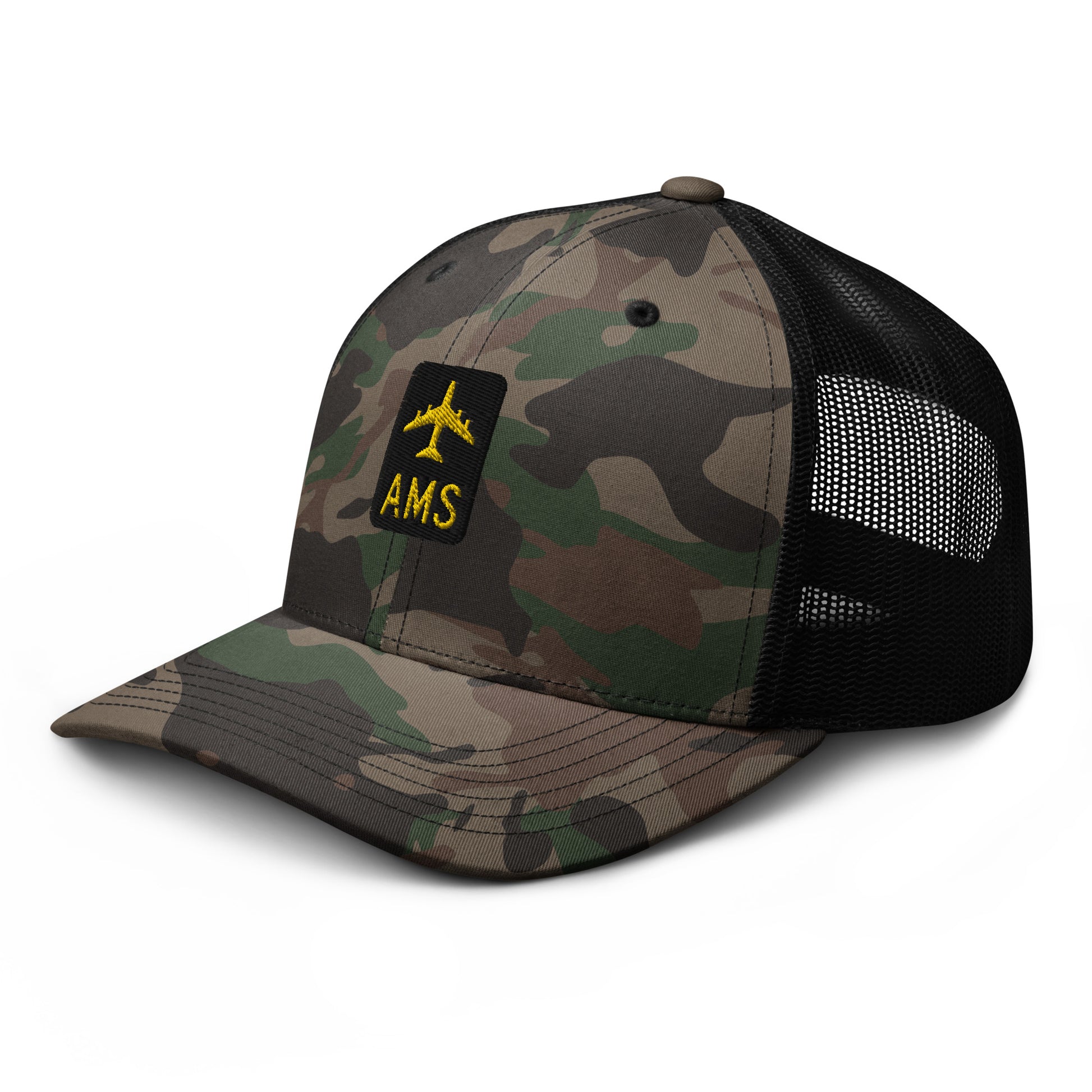 Camouflage Jetliner Trucker Hat • Black and Gold • AMS Amsterdam Souvenir • YHM Designs - Image 10