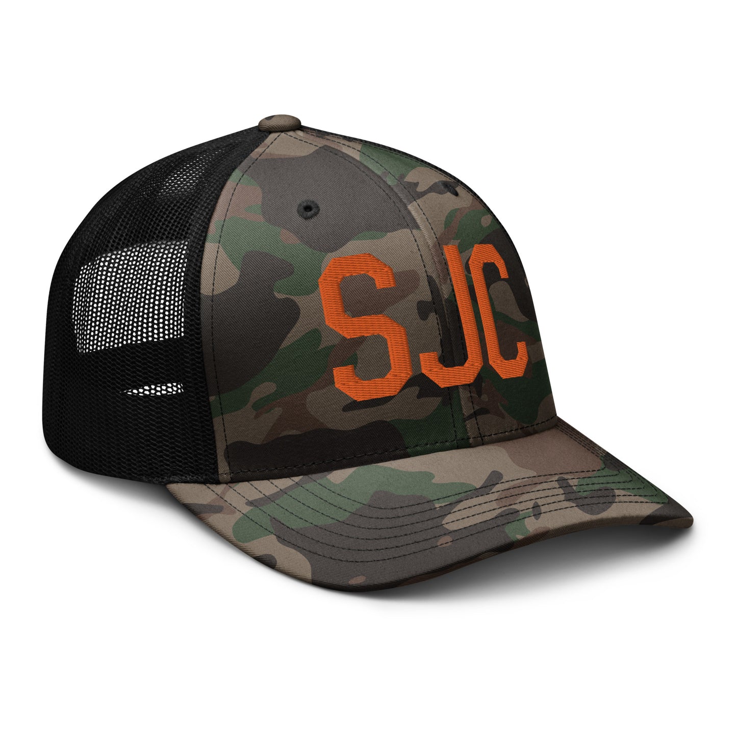 Airport Code Camouflage Trucker Hat - Orange • SJC San Jose • YHM Designs - Image 12